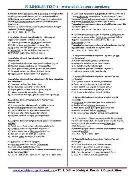 Fiilimsiler Testi Pdf İndir (186 Soru ve Cevap) Değerler Eğitimi.